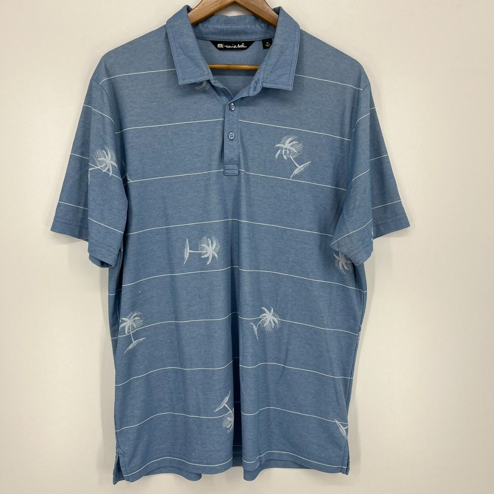 Travis Mathew Mens XL Blue Striped Palm Tree Tropical Golf Polo Shirt